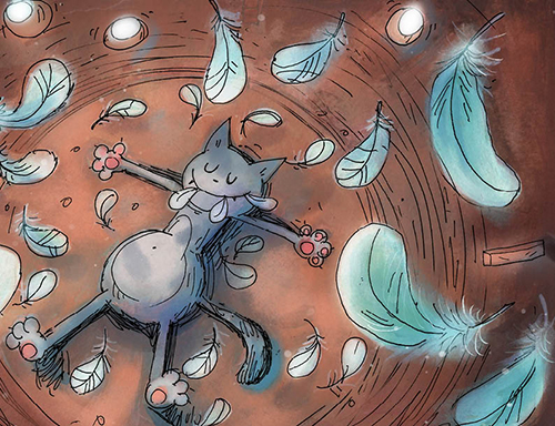After a Swim - book illustration - cat leaping upon the pigeons