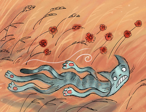 After a Swim - book illustration - crinkled unhappy cat