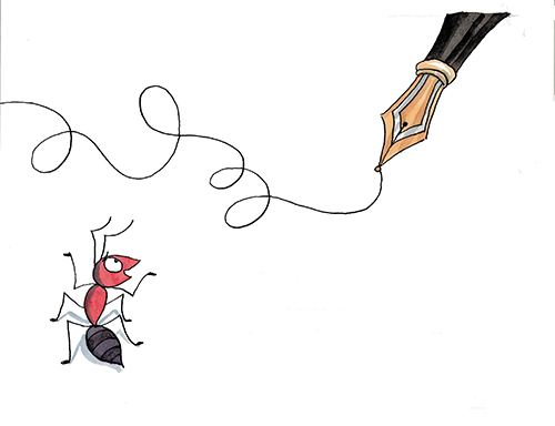 The Ant and the Pen - book illustration - The Ant seeing the pen writing in fine, black strokes