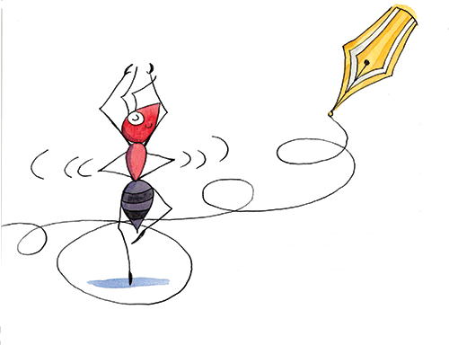 The Ant and the Pen - book illustration - The Ant dancing around the squiggles of the pen