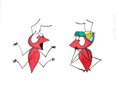 The Ant and the Pen - book illustration - The Ant sharing his excited ideas to the first ant he saw