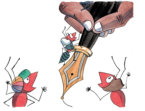 The Ant and the Pen - book illustration - The ants first discover fingers are also responsible for the squiggles