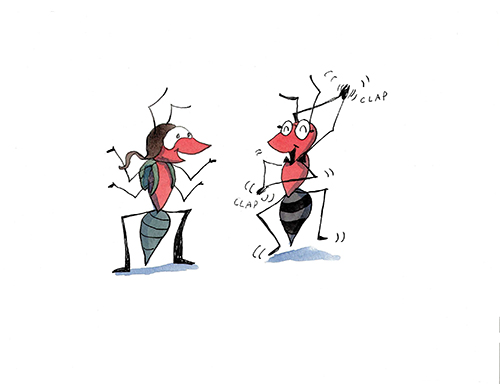 The Ant and the Pen - book illustration - Ant being congratulated by another ant for his powers of ant observation