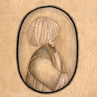 19th century ink watercolour of Jalaluddin Rumi on paper.