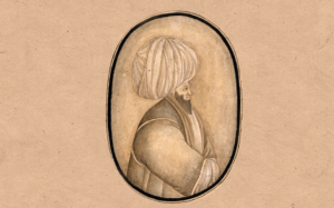 19th century ink watercolour of Jalaluddin Rumi on paper.