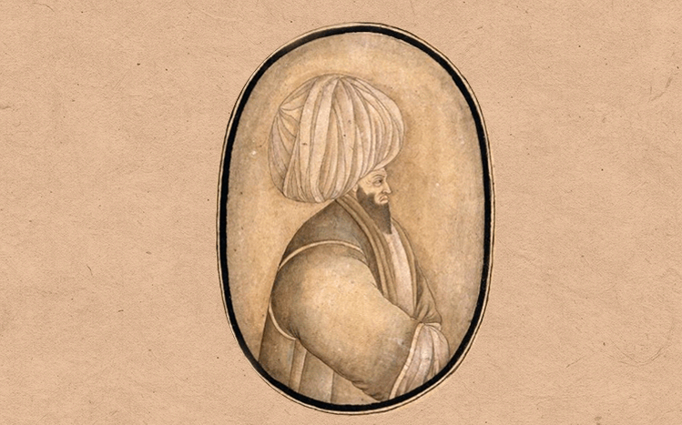 19th century ink watercolour of Jalaluddin Rumi on paper.